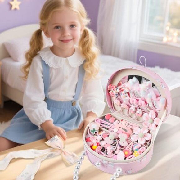 Girls Pink Princess Jewelry Box with Hair Accessories Mirror Organizer - Picture 3 of 7